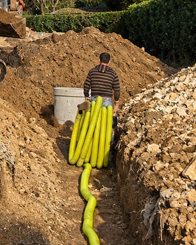Pose des réseaux dans une tranchée sur un chantier IKRA